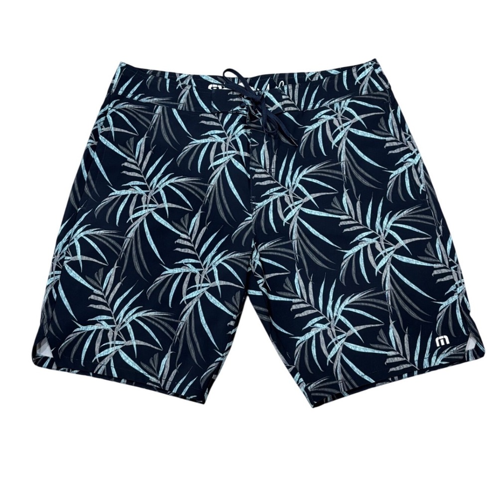 TravisMathew Mens Board Shorts Navy Blue Tropical Palm Leaf Swim Trunks Size 34